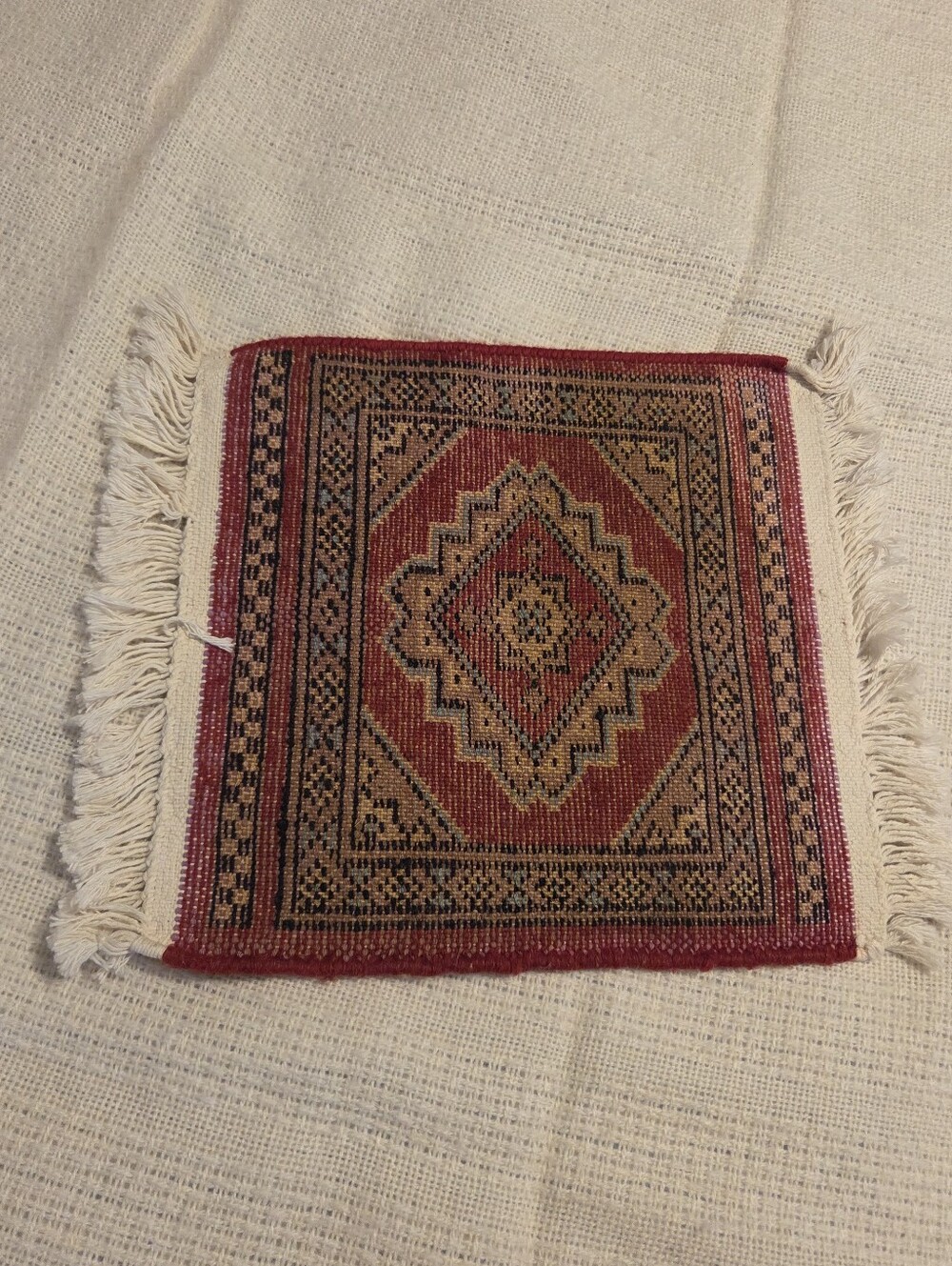 Small Wool Rug Hand Knit Persian Style 1 Square Foot Red White Fringe Bokhara - Picture 7 of 10
